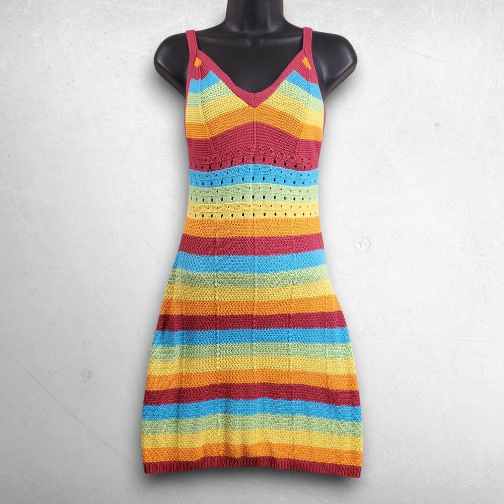 Ultra Flirt Tank Dress Women S Multicolor Knit V-Neck Strappy Striped Short